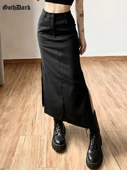 Grunge Casual Tag Split Women Midi Skirts Mall Gothic Punk High Raise Slim Long Skirt Y2K Sexy Fashion Streetwear 2023
