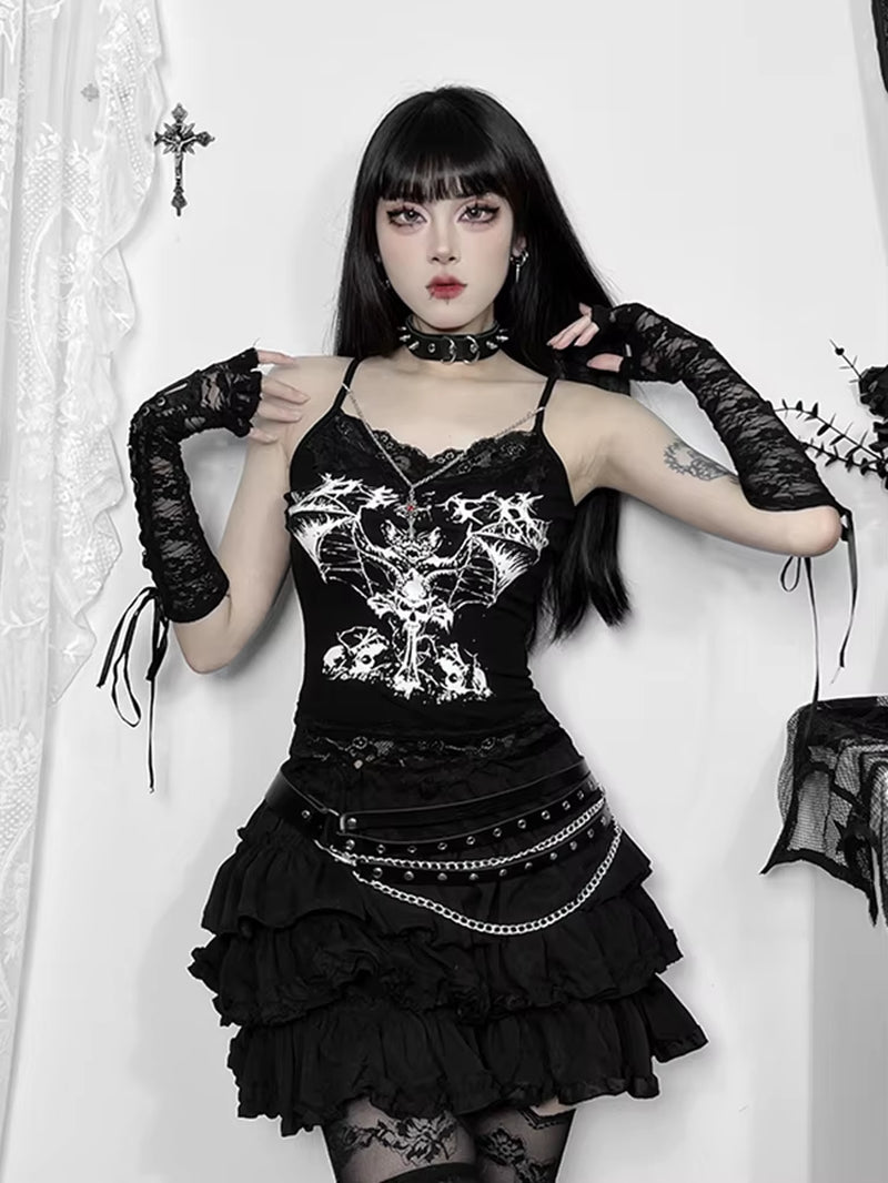 Gothic Punk Camis Women Streetwear Harajuku Y2K Grunge Graphic Bat Printed Lace Patchwork Crop Tank Top with Chain Femme