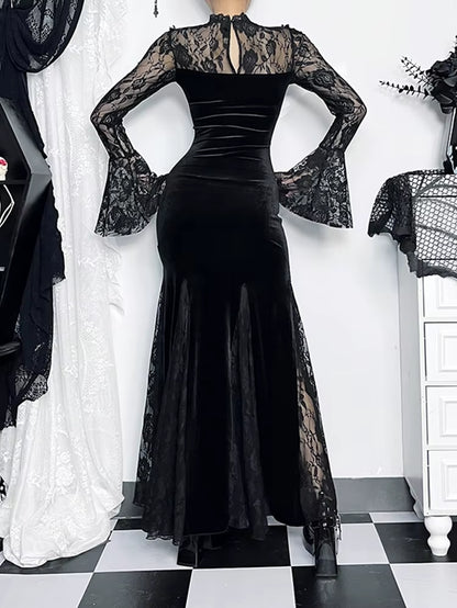 Aesthetic Gothic Midi Dress Women Vintage Elagnt Lace Patchwork See through Flare Sleeve High Waist Clubwear Dress Femme