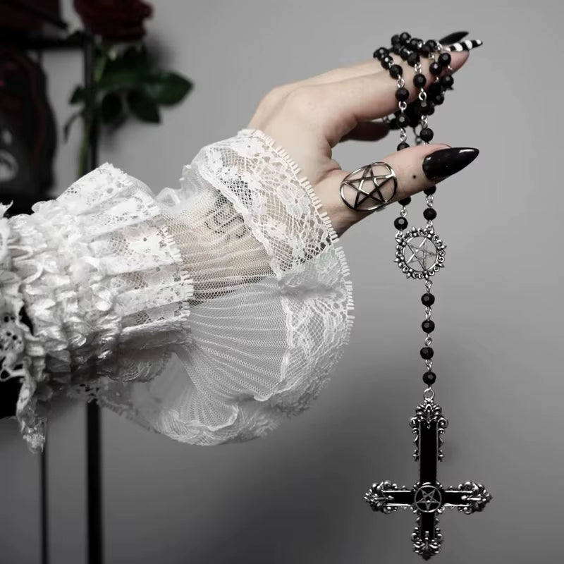 Stunning Pentagram Cross Necklace Black Crystal Gothic Statement Rosary Style Grunge Necklaces Men Women Jewelrye Y2K