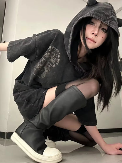 Harajuku Gothic Devil Horn T-Shirt Women Vintage Streetwear Cyber Punk Y2K Emo Printed Hole Short Sleeve Hooded Tee Tops