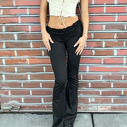 Y2K Ruffles Fairy Pant Sexy Women Pants Gothic Skinny Fashion Boot Cut Trousers Grunge Trim Bandage Streetwear Bottoms