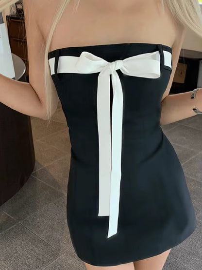 Mall Goth Aesthetic Black Dress Women Coquette Hotsweet Bow Patchwork Strapless High Waist Bodycon Party Dress Female