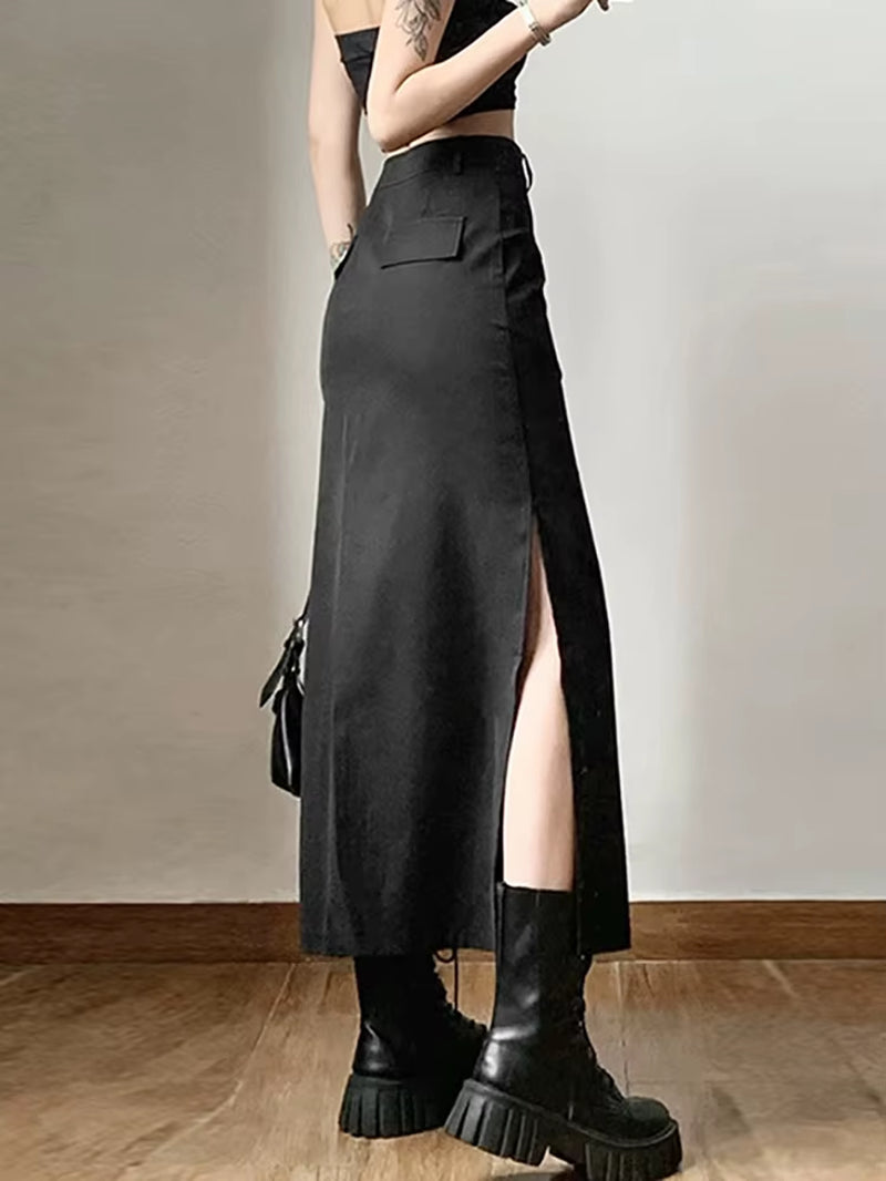 Grunge Casual Tag Split Women Midi Skirts Mall Gothic Punk High Raise Slim Long Skirt Y2K Sexy Fashion Streetwear 2023