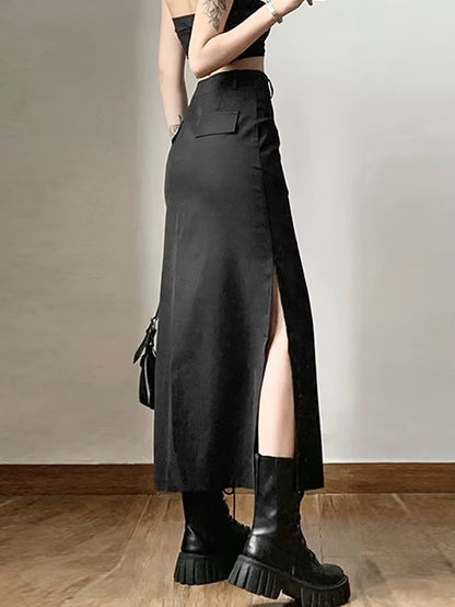 Grunge Casual Tag Split Women Midi Skirts Mall Gothic Punk High Raise Slim Long Skirt Y2K Sexy Fashion Streetwear 2023