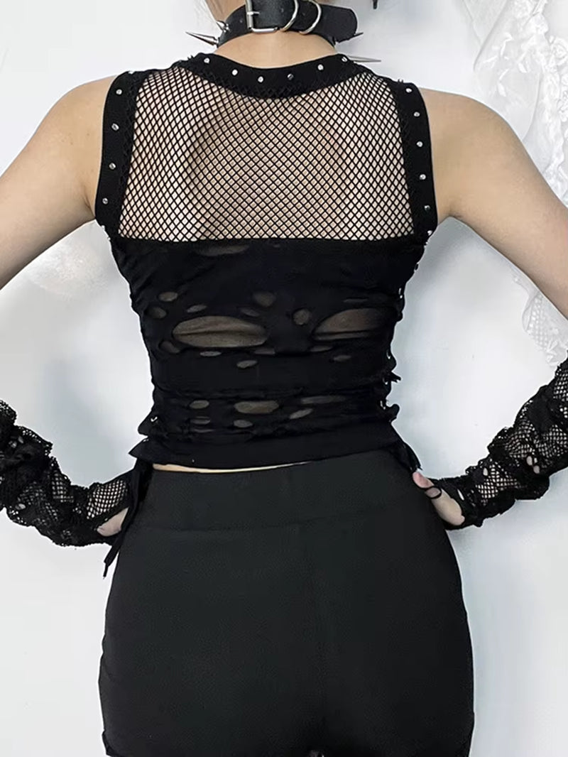 Cyber Y2K Hole Vest Women Streetwear Harajuku Vintage Gothic Sexy O-Neck Mesh Patchwork See through Crop Tank Tops Femme