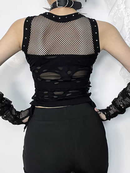 Cyber Y2K Hole Vest Women Streetwear Harajuku Vintage Gothic Sexy O-Neck Mesh Patchwork See through Crop Tank Tops Femme