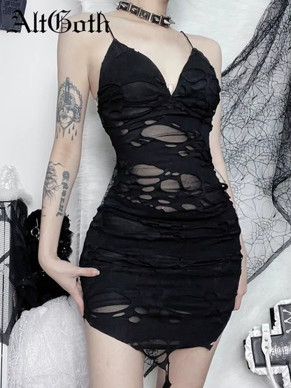Punk Sexy Bodycon Dress Women Mall Gothic Streetwear Tattered Strapless Mini Dress Harajuku Y2K Emo Alt Clubwear Female
