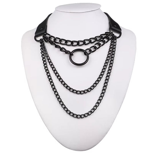 Layered Chain Necklace Punk Choker Collar Goth Pendant Necklace Women Black Leather Emo Gothic Jewelry