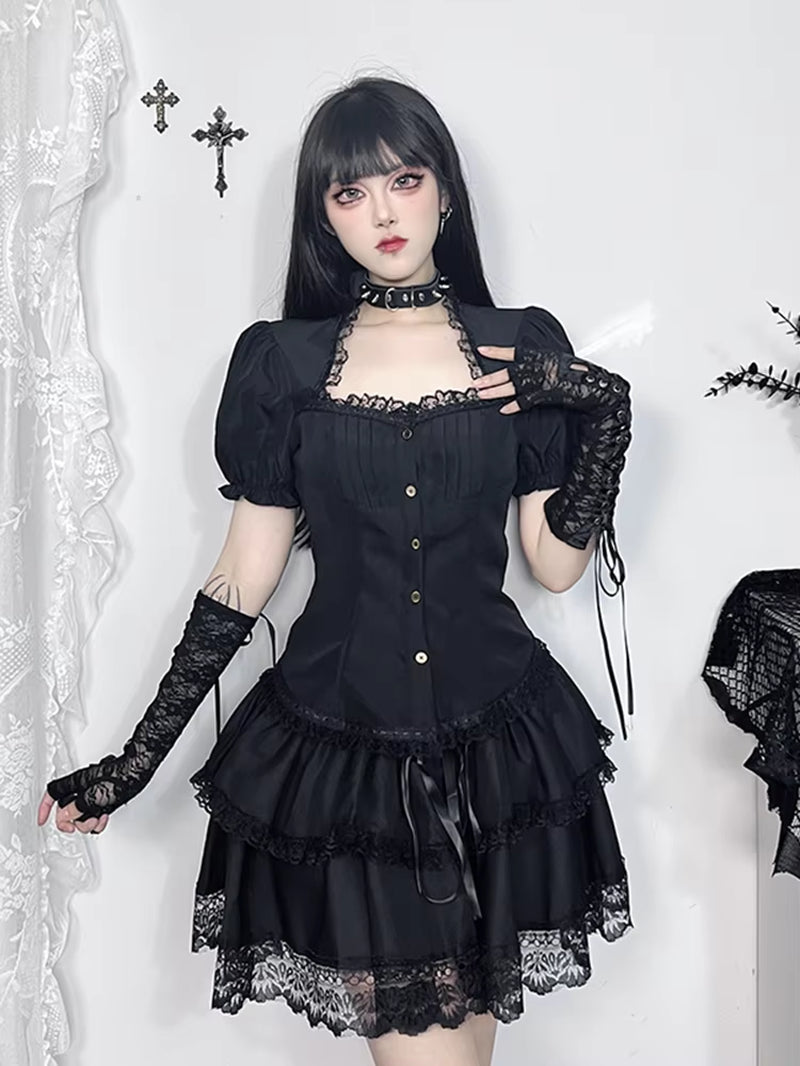 Vintage Gothic Lolita T-Shirt Women Streetwear Lace Patchwork Puff Sleeve Bandage Crop Tee Tops Elegant Cosplay Clothes