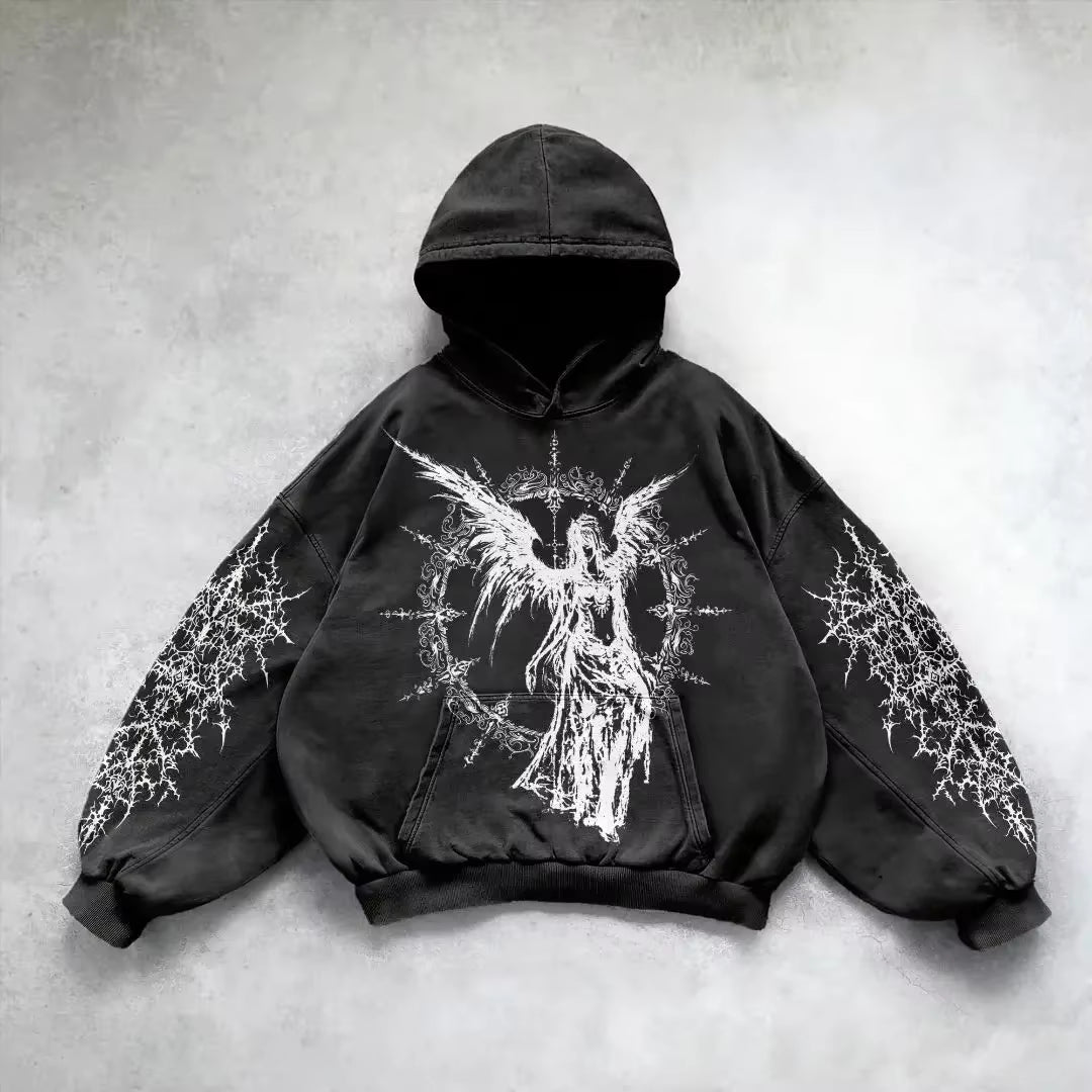 Harajuku Hoodie Skull Y2K Tops Oversized Sweatshirt Goddess Print Hoodies Women Goth New Couples Goth Streetwear Gothic Clothes
