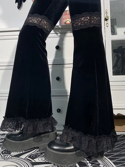 Harajuku Punk Gothic Flare Pants Women Grunge Street Vintage Mall Goth Lace Patchwork Hollow Out Dark Black Velvet Pants