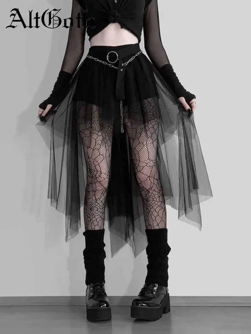 Harajuku Gothic Mesh Skirt Women Cyberpunk Y2K E-Girl High Waist Irregular Skirt Emo Alternative Indie Clubwear Female