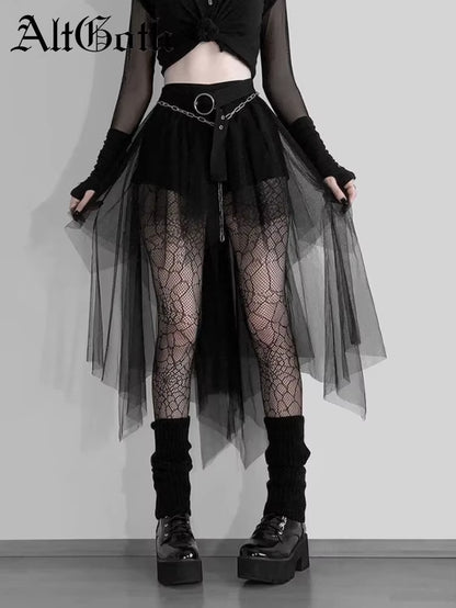Harajuku Gothic Mesh Skirt Women Cyberpunk Y2K E-Girl High Waist Irregular Skirt Emo Alternative Indie Clubwear Female