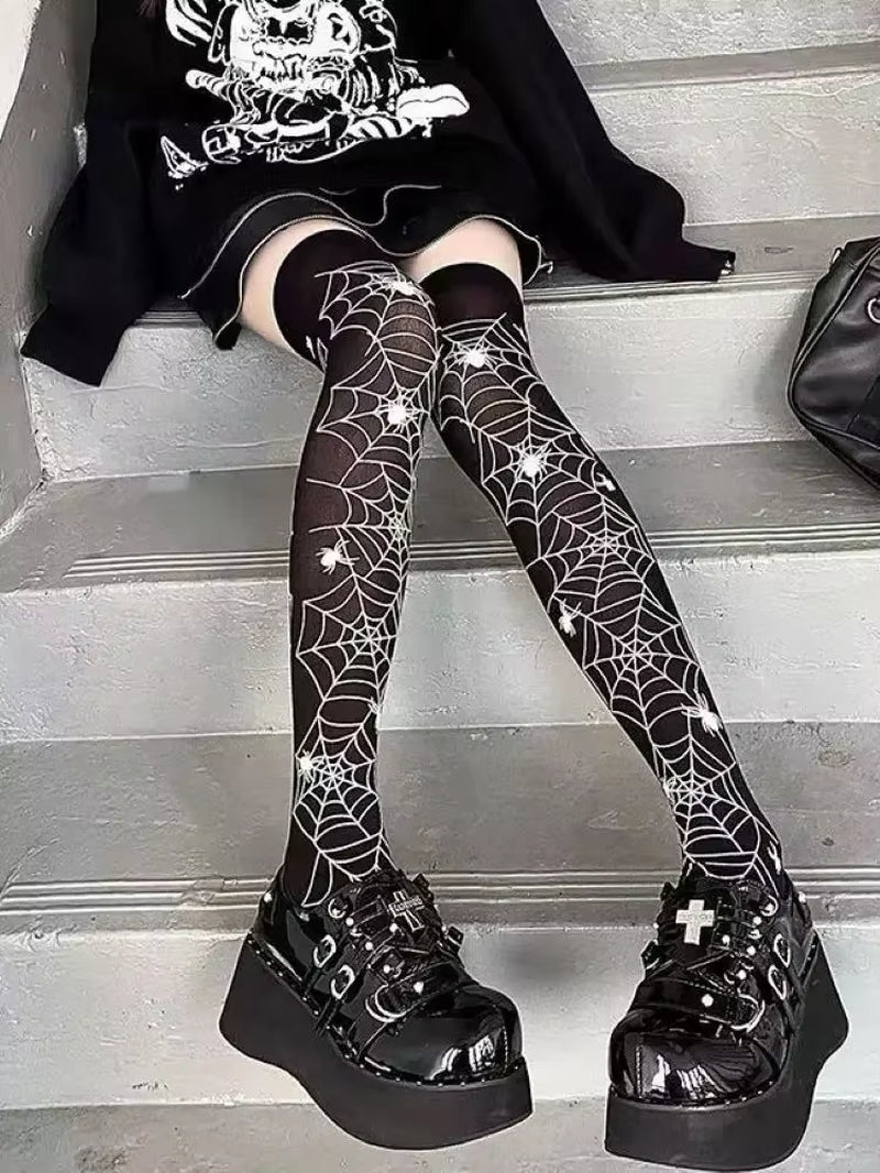 Goth Big Spider Pattern Silk Stockings Gothic Vintage Dark Fishnet Tights Women Emo Alternative Sexy Spider Web Witch Pantyhose