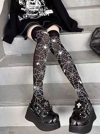 Goth Big Spider Pattern Silk Stockings Gothic Vintage Dark Fishnet Tights Women Emo Alternative Sexy Spider Web Witch Pantyhose