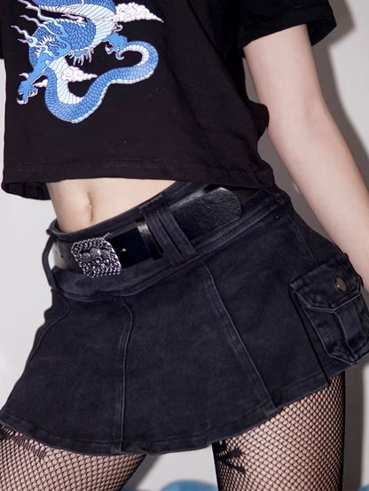 Harajuku Y2K Denim Skirt Women Dark Gothic Streetwear Mini Skirt with Skull Belt Mall Goth Punk Grunge Sexy Emo Clubwear