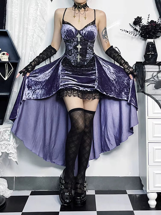 Fairycore Gothic Purple Dress Women Vintage Elegant Lace Patchwork Cross High Waist Corset Dress Evening Partywear Femme