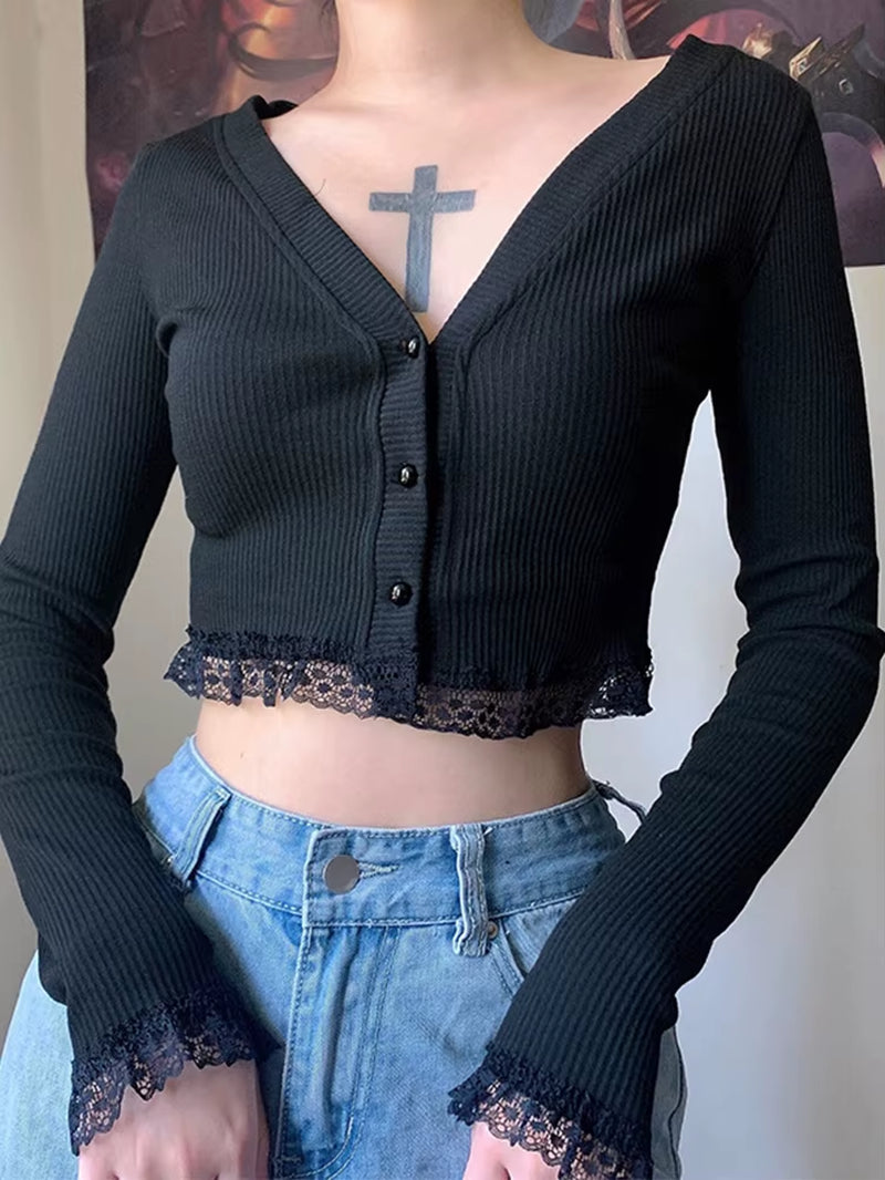 Gothic Dark Black Punk Sexy Lace Patchwork Knitted T-Shirt Women Long Sleeve V-Neck Slim Street Bottom Cardigan Female