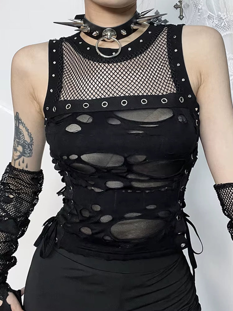 Cyber Y2K Hole Vest Women Streetwear Harajuku Vintage Gothic Sexy O-Neck Mesh Patchwork See through Crop Tank Tops Femme
