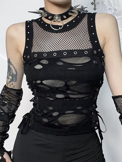 Cyber Y2K Hole Vest Women Streetwear Harajuku Vintage Gothic Sexy O-Neck Mesh Patchwork See through Crop Tank Tops Femme