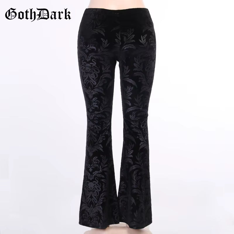 Vintage Floral Scratched Mall Gothic Pants Velvet High Waist Skinny Flare Trousers for Women Streetwear Cyber Y2K Pant