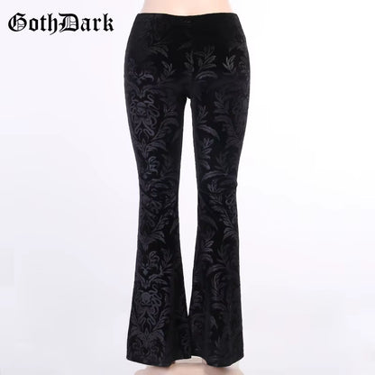 Vintage Floral Scratched Mall Gothic Pants Velvet High Waist Skinny Flare Trousers for Women Streetwear Cyber Y2K Pant