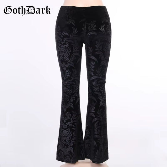 Vintage Floral Scratched Mall Gothic Pants Velvet High Waist Skinny Flare Trousers for Women Streetwear Cyber Y2K Pant