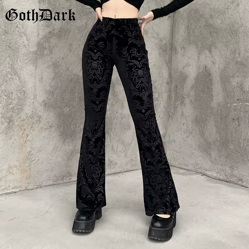 Vintage Floral Scratched Mall Gothic Pants Velvet High Waist Skinny Flare Trousers for Women Streetwear Cyber Y2K Pant