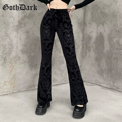 Vintage Floral Scratched Mall Gothic Pants Velvet High Waist Skinny Flare Trousers for Women Streetwear Cyber Y2K Pant