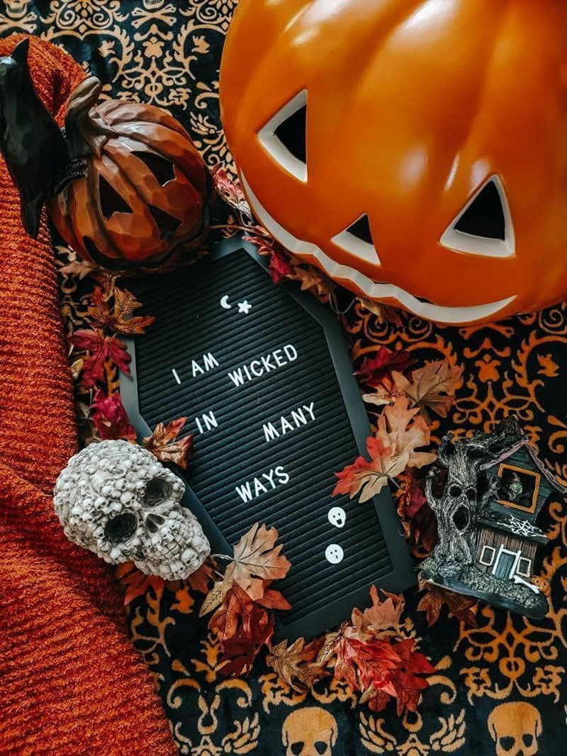 Coffin Letter Board Black +3D Bat Stickers +650 Characters, Spooky & Seasonal Emojis, Wooden Stand - 17X10.5 Inches - Coffin Shaped Goth Decor Sign Witchy Halloween Decorations Gothic Decor Birthday Wedding Home Spooky Gifts