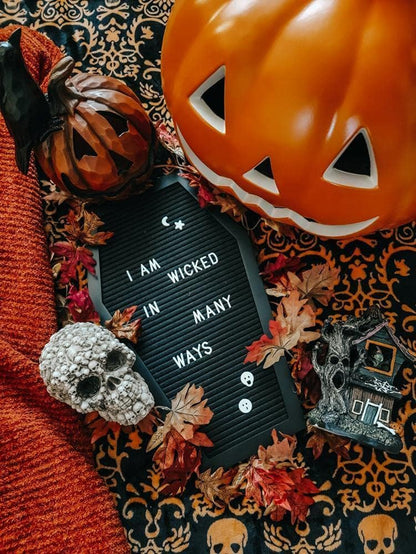 Coffin Letter Board Black +3D Bat Stickers +650 Characters, Spooky & Seasonal Emojis, Wooden Stand - 17X10.5 Inches - Coffin Shaped Goth Decor Sign Witchy Halloween Decorations Gothic Decor Birthday Wedding Home Spooky Gifts