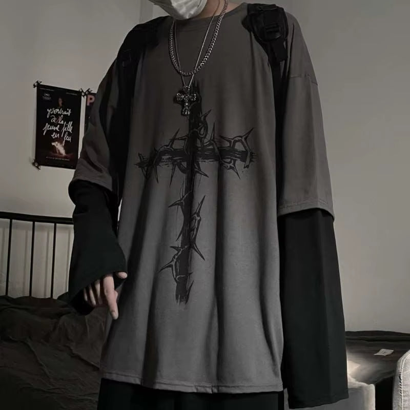Grunge Clothes Women Long Sleeve Emo T-Shirt Casual Harajuku Men Aesthetic Pray Goth Top Alt Street Fashion Tshirts Indie Punk
