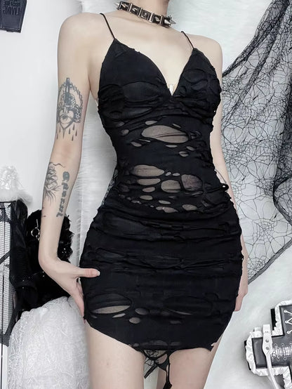 Punk Sexy Bodycon Dress Women Mall Gothic Streetwear Tattered Strapless Mini Dress Harajuku Y2K Emo Alt Clubwear Female