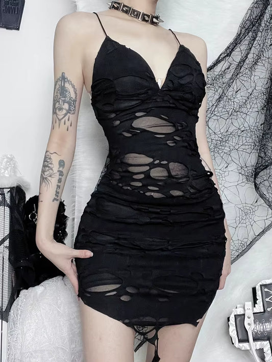 Punk Sexy Bodycon Dress Women Mall Gothic Streetwear Tattered Strapless Mini Dress Harajuku Y2K Emo Alt Clubwear Female