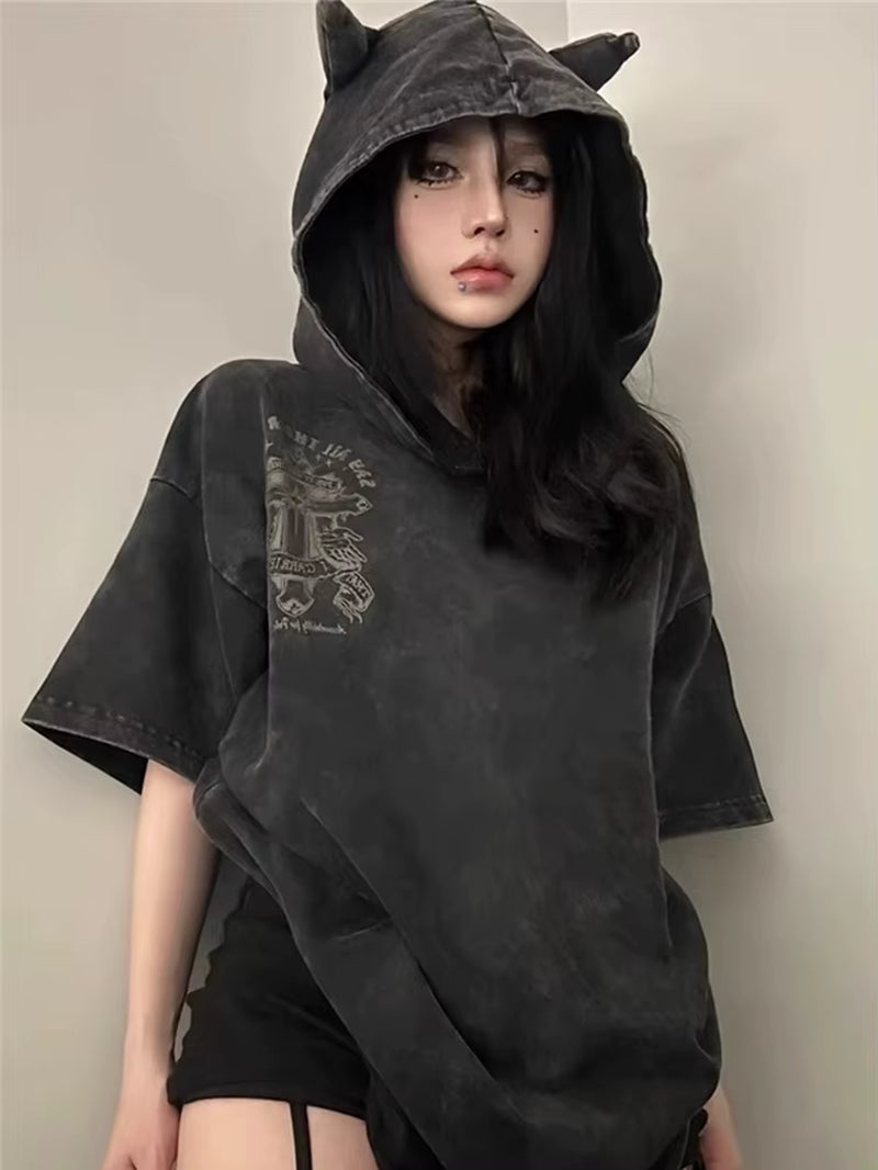 Harajuku Gothic Devil Horn T-Shirt Women Vintage Streetwear Cyber Punk Y2K Emo Printed Hole Short Sleeve Hooded Tee Tops