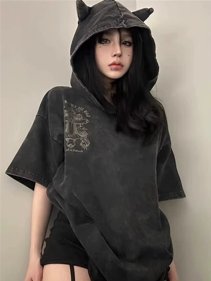 Harajuku Gothic Devil Horn T-Shirt Women Vintage Streetwear Cyber Punk Y2K Emo Printed Hole Short Sleeve Hooded Tee Tops